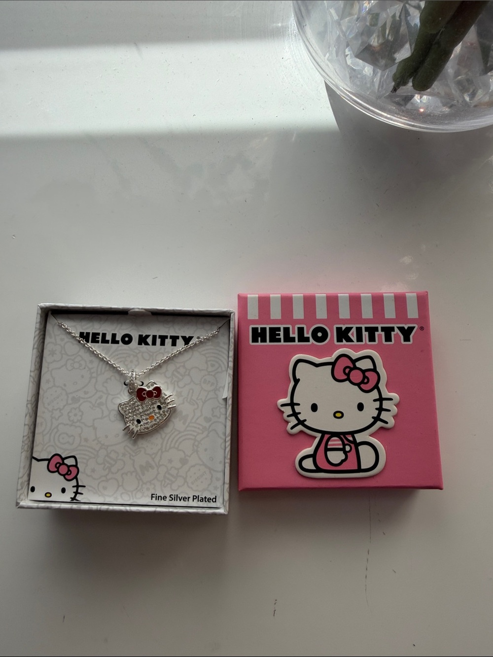 Hello Kitty Silver Necklace with Pink Gift Box and Red Bow Accents